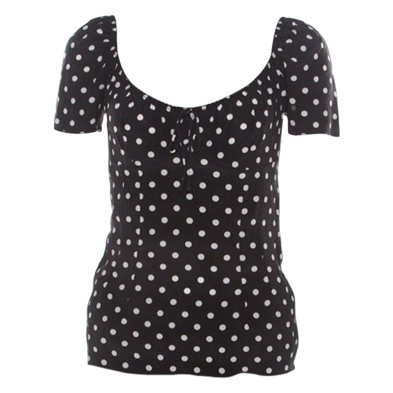 Dolce and Gabbana Black and White Polka Dot Printed Silk Bow Detail Top S