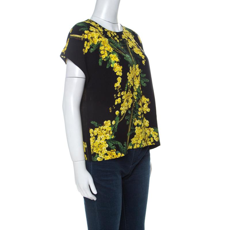 Dolce and Gabbana Black and Yellow Floral Acacia Print Crepe French Sleeve Top M In Excellent Condition In Dubai, Al Qouz 2
