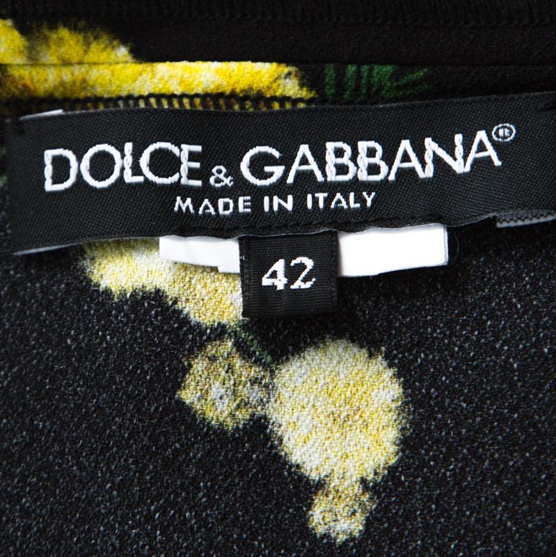 Dolce and Gabbana Black and Yellow Floral Acacia Print Crepe French Sleeve Top M 1