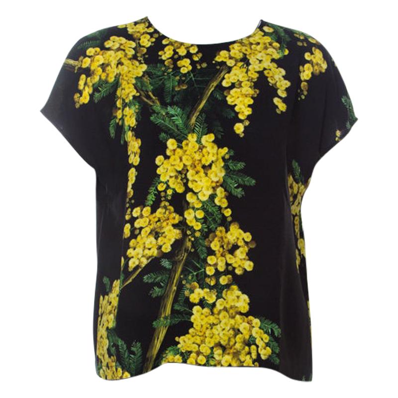Dolce and Gabbana Black and Yellow Floral Acacia Print Crepe French Sleeve Top M