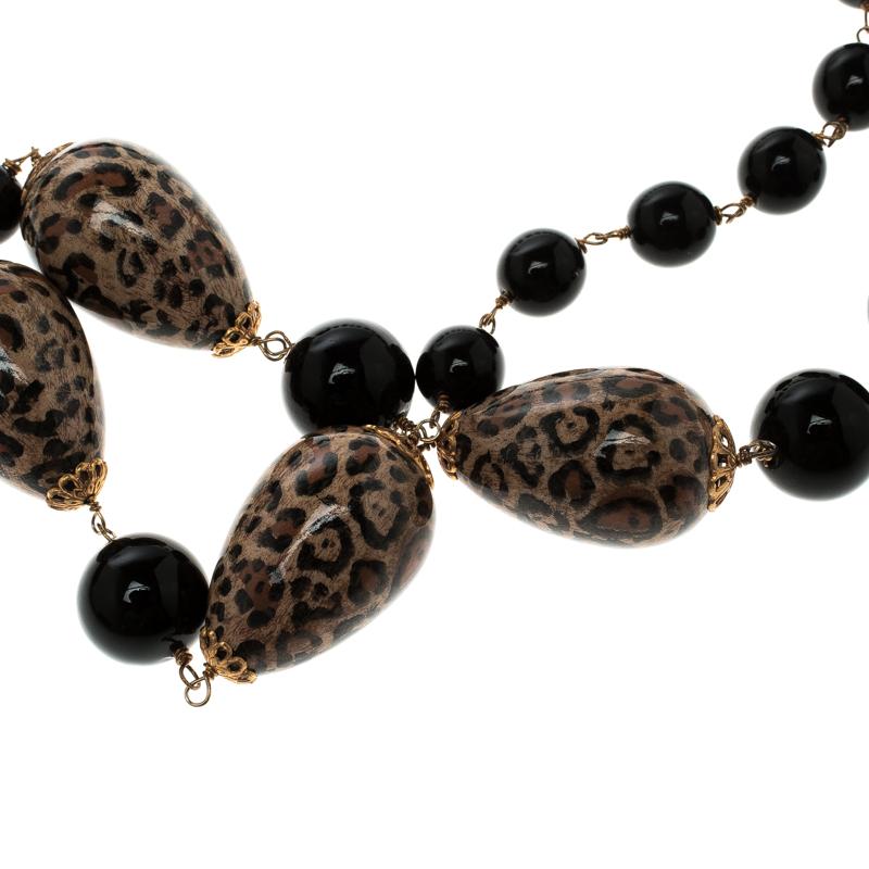 Contemporary Dolce and Gabbana Black Bead Brown Motif Long Necklace