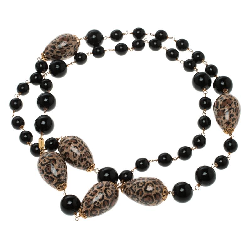 Dolce and Gabbana Black Bead Brown Motif Long Necklace In New Condition In Dubai, Al Qouz 2