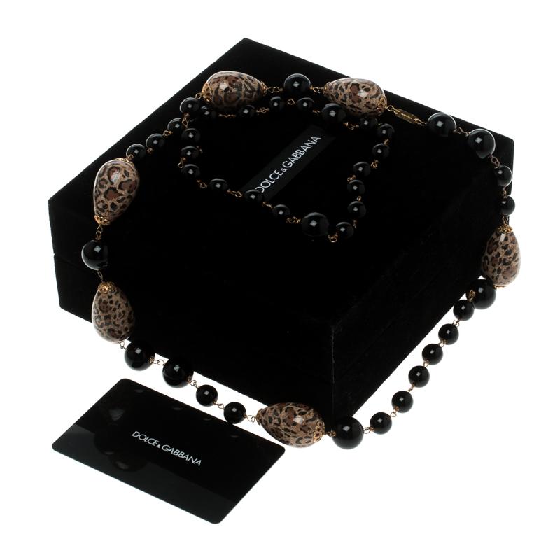 Dolce and Gabbana Black Bead Brown Motif Long Necklace 1