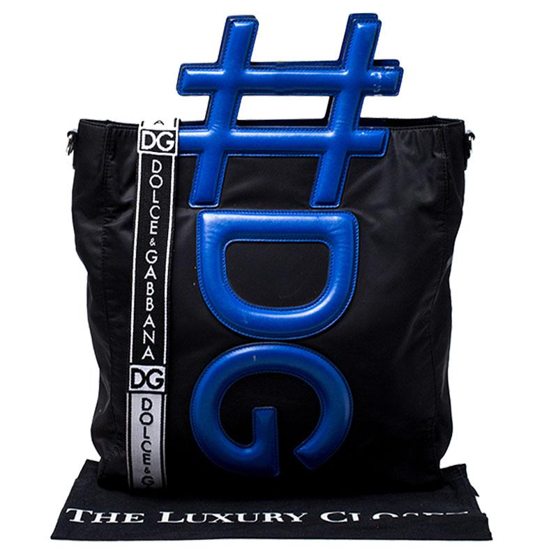 Dolce and Gabbana Black/Blue Nylon and Leather Hashtag Tote 7