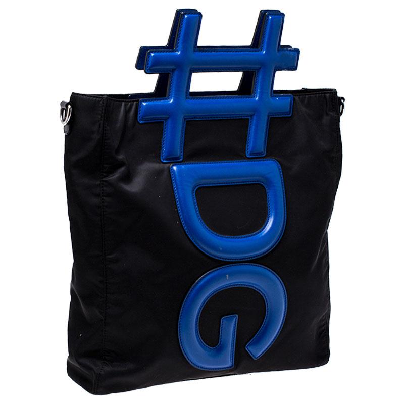 Women's Dolce and Gabbana Black/Blue Nylon and Leather Hashtag Tote