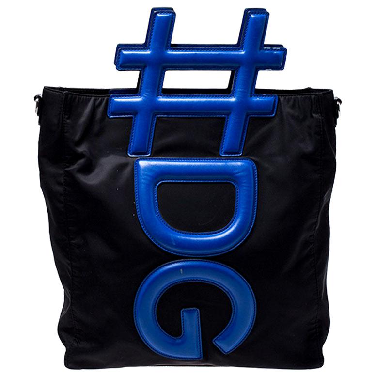 Dolce and Gabbana Black/Blue Nylon and Leather Hashtag Tote