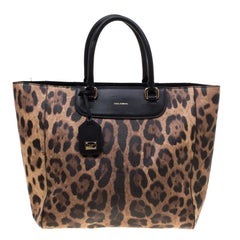 Dolce and Gabbana Black/Brown Leopard Print Leather Lucia Shopper Tote