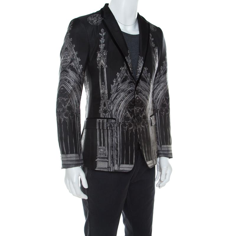 Dolce and Gabbana Black Cathedral Print Cotton Silk Tailored Blazer S In Good Condition In Dubai, Al Qouz 2