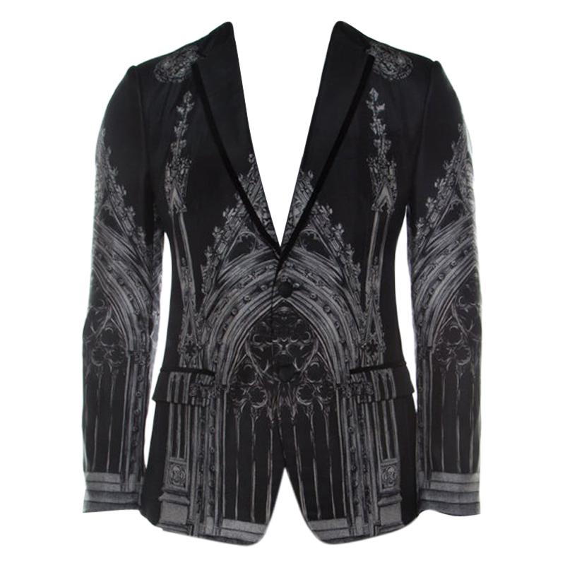 Dolce and Gabbana Black Cathedral Print Cotton Silk Tailored Blazer S