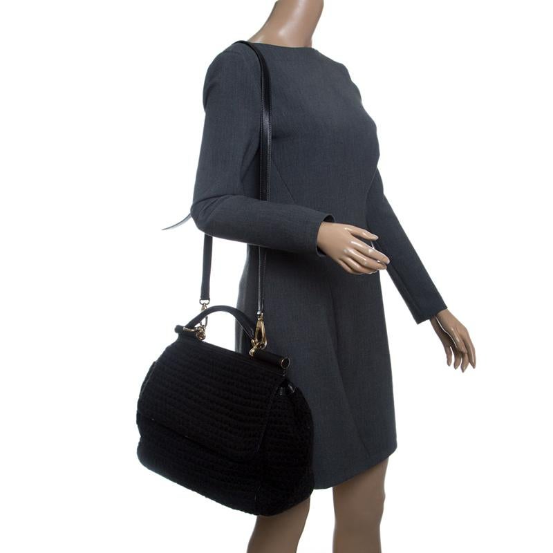 Dolce and Gabbana Black Crochet Fabric Large Miss Sicily Top Handle Bag In Good Condition In Dubai, Al Qouz 2