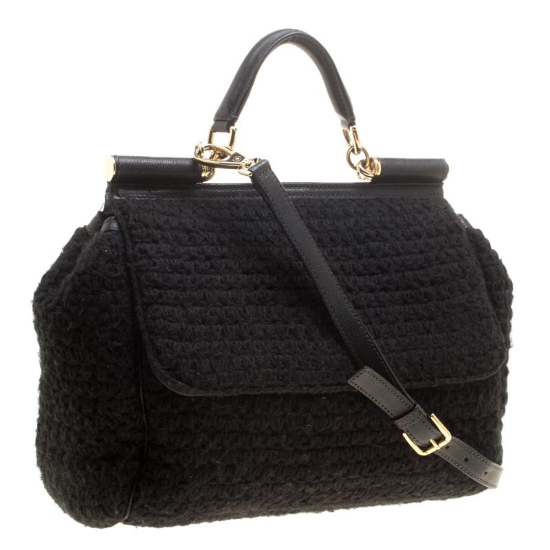 Women's Dolce and Gabbana Black Crochet Fabric Large Miss Sicily Top Handle Bag