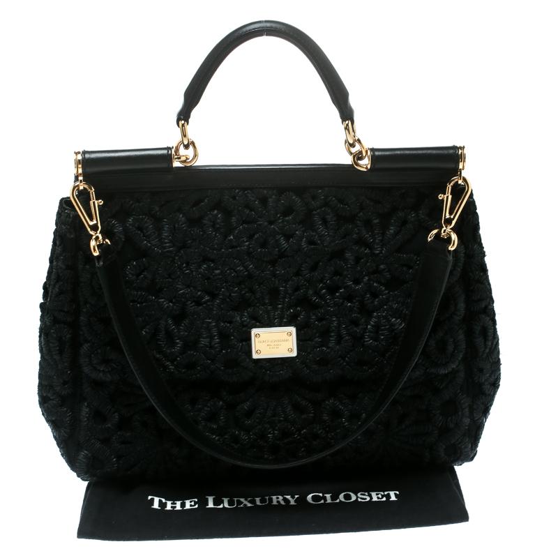 Dolce and Gabbana Black Crochet Raffia Large Miss Sicily Top Handle Bag 7