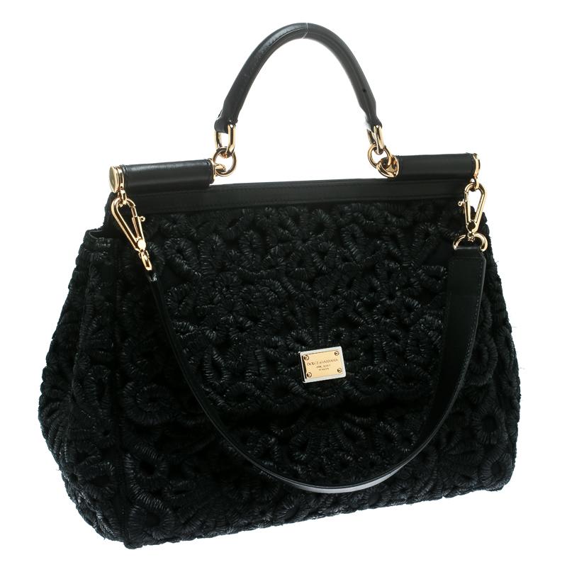 Women's Dolce and Gabbana Black Crochet Raffia Large Miss Sicily Top Handle Bag