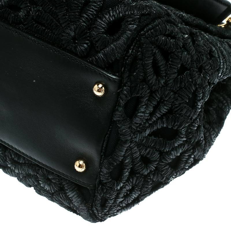 Dolce and Gabbana Black Crochet Raffia Large Miss Sicily Top Handle Bag 3