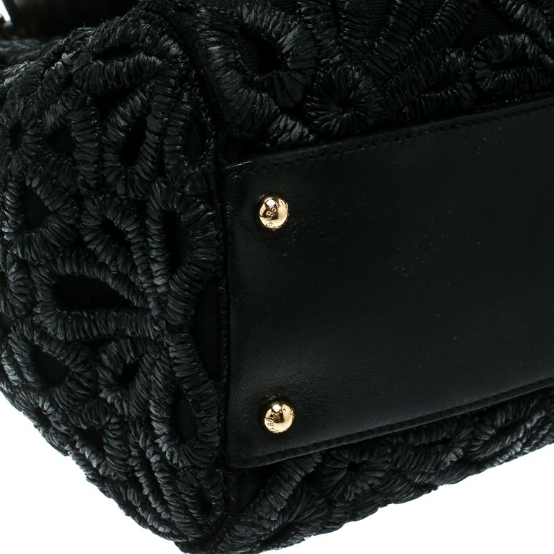Dolce and Gabbana Black Crochet Raffia Large Miss Sicily Top Handle Bag 4
