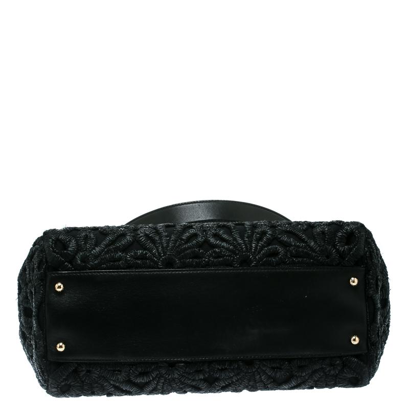 Dolce and Gabbana Black Crochet Raffia Large Miss Sicily Top Handle Bag 5