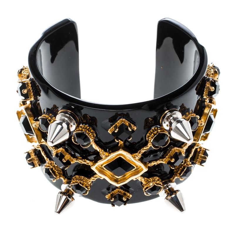Dolce und Gabbana Zweifarbiges offenes Manschettenarmband mit schwarzer Kristallverzierung und Spike Damen