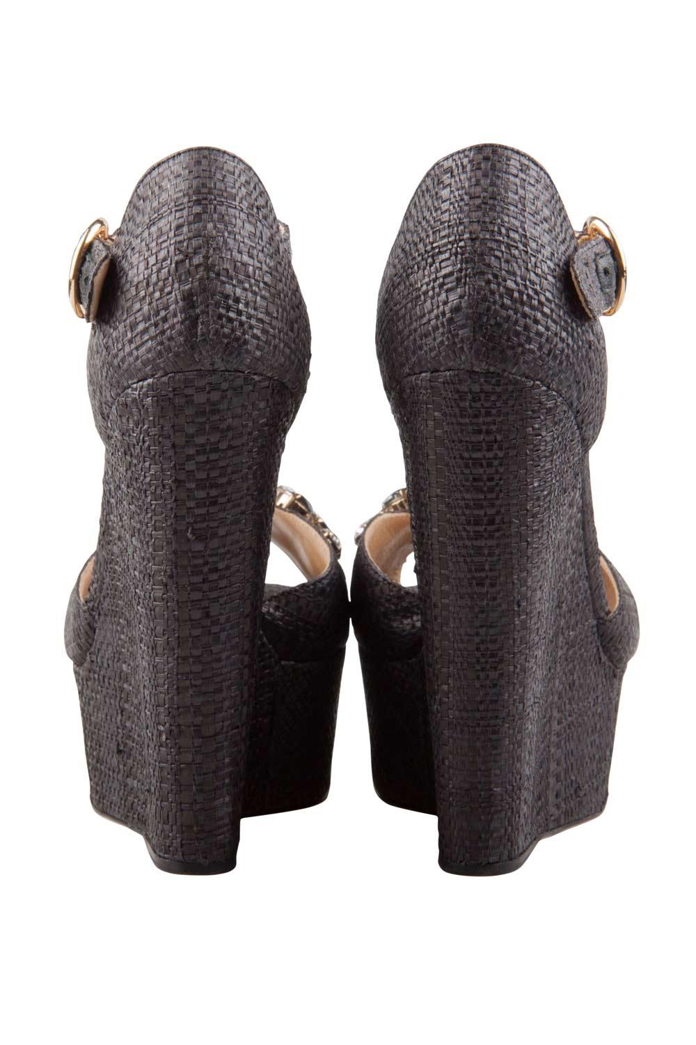 Dolce and Gabbana Black Crystal Embellished Wedge Peep Toe Sandals Size 36 2