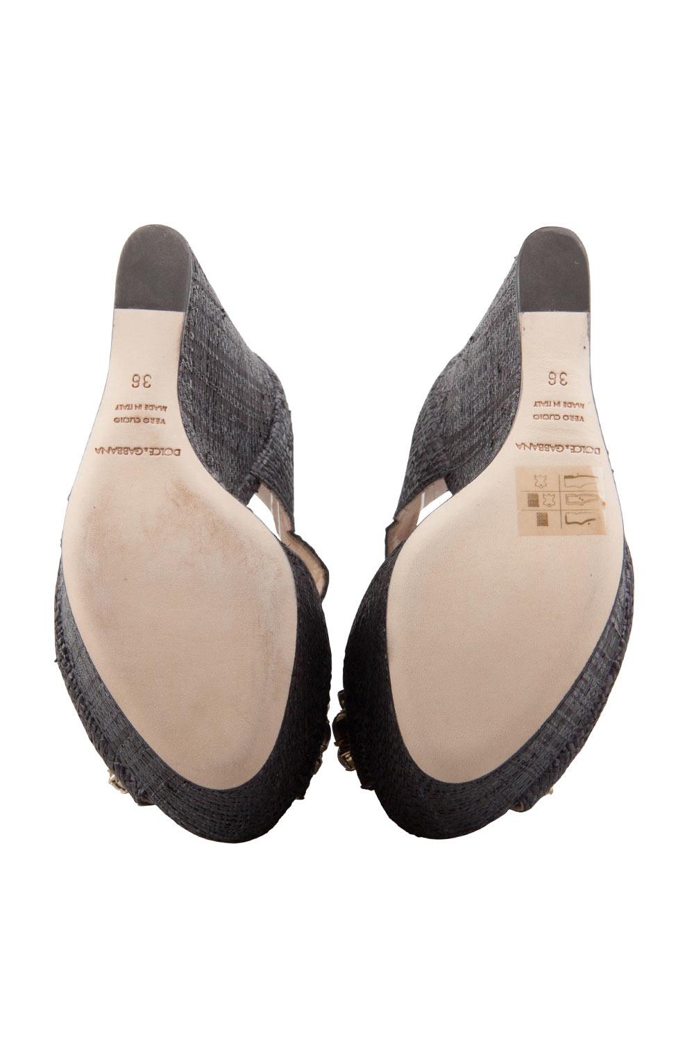 Dolce and Gabbana Black Crystal Embellished Wedge Peep Toe Sandals Size 36 3