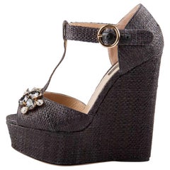 Dolce and Gabbana Black Crystal Embellished Wedge Peep Toe Sandals Size 36