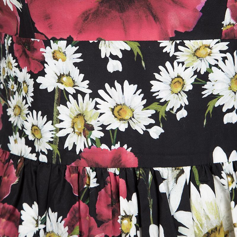 Women's Dolce and Gabbana Black Daisy Printed Cotton Short Sleeve Dress S
