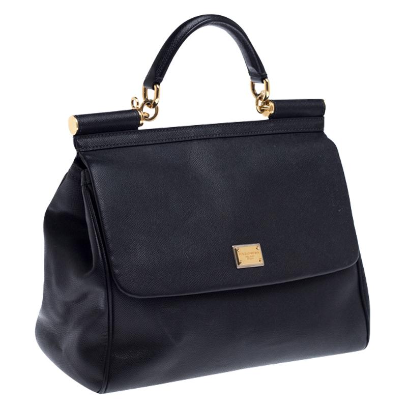 Women's Dolce and Gabbana Black Dauphine Leather Large Miss Sicily Top Handle Bag
