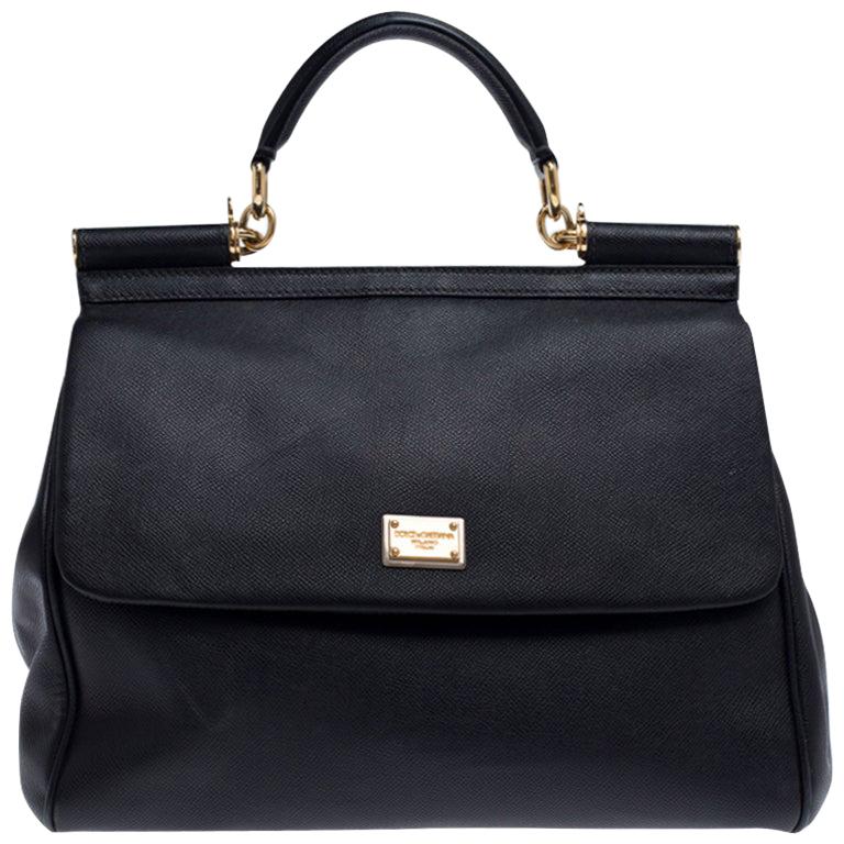Dolce and Gabbana Black Dauphine Leather Large Miss Sicily Top Handle Bag