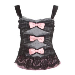 Dolce and Gabbana Black Dotted Tulle and Lace Bow Detail Corset Top M