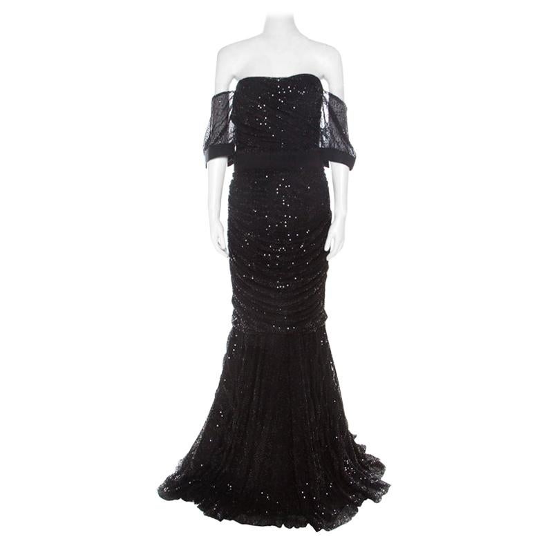 Dolce and Gabbana Black Embellished Tulle Ruched Off Shoulder Gown L
