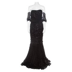 Dolce and Gabbana Black Embellished Tulle Ruched Off Shoulder Gown L