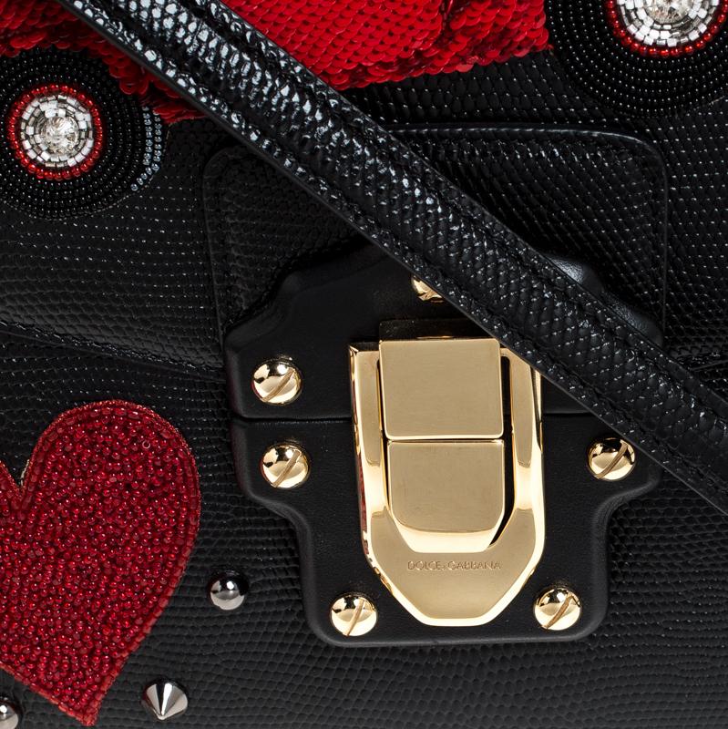Dolce and Gabbana Black Embossed Leather Embellished Lucia Crossbody Bag 6