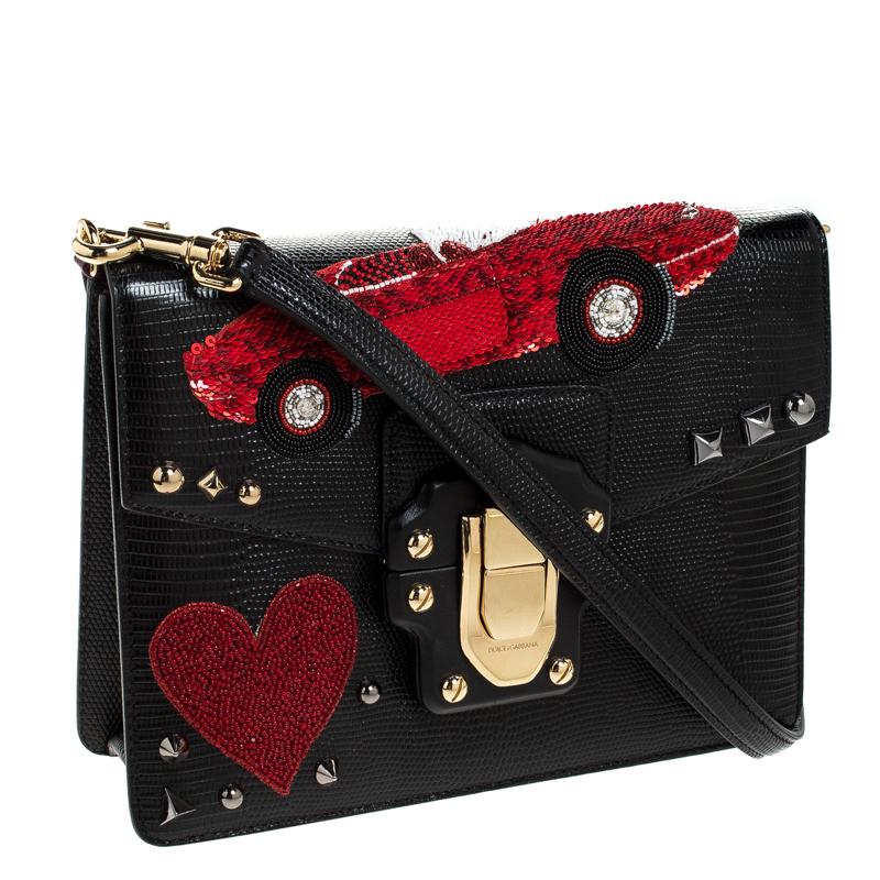 Dolce and Gabbana Black Embossed Leather Embellished Lucia Crossbody Bag 5