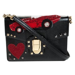 Dolce and Gabbana Black Embossed Leather Embellished Lucia Crossbody Bag