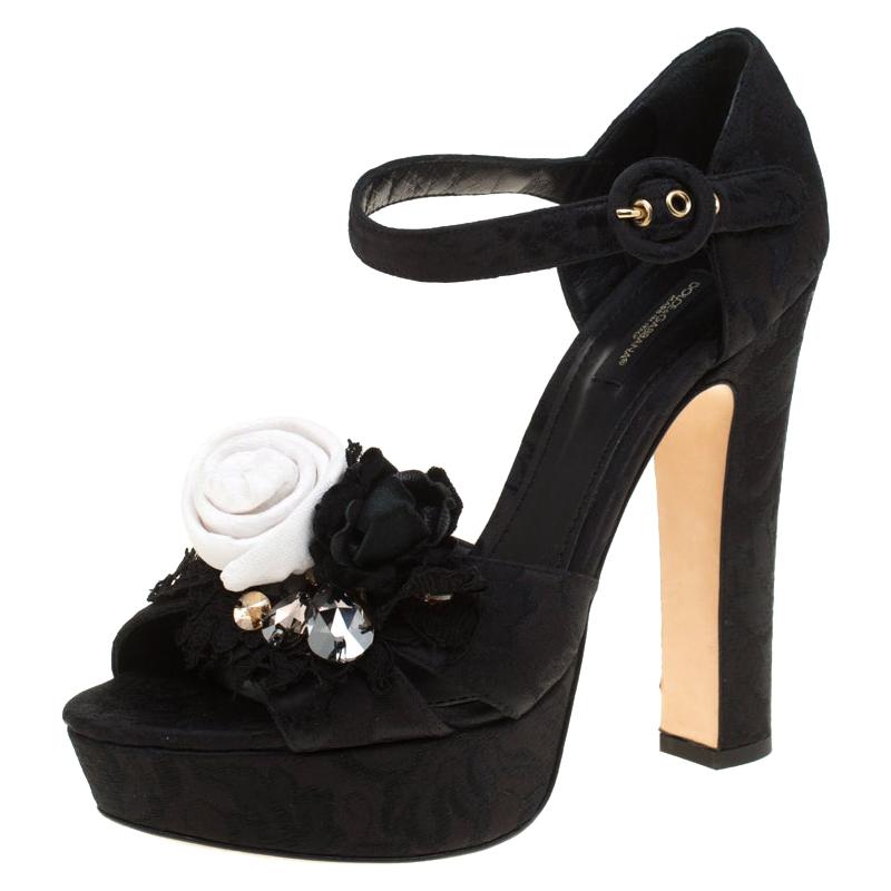 Dolce and Gabbana Black Fabric Floral Embellished Platform Sandals Size 40