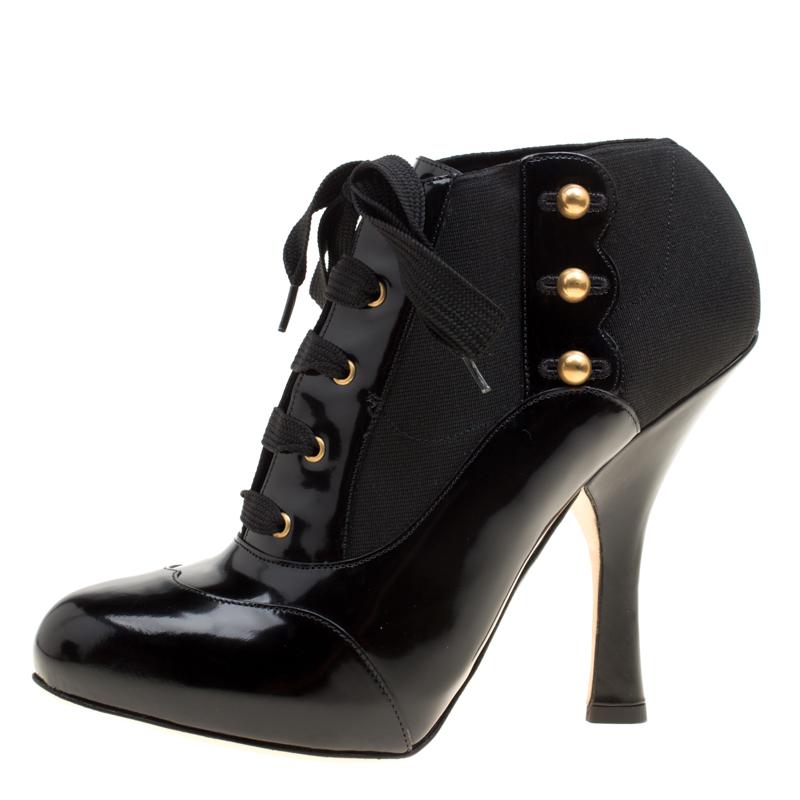 Dolce and Gabbana Black Fabric Stud Detail Lace Up Ankle Booties Size 38.5 1
