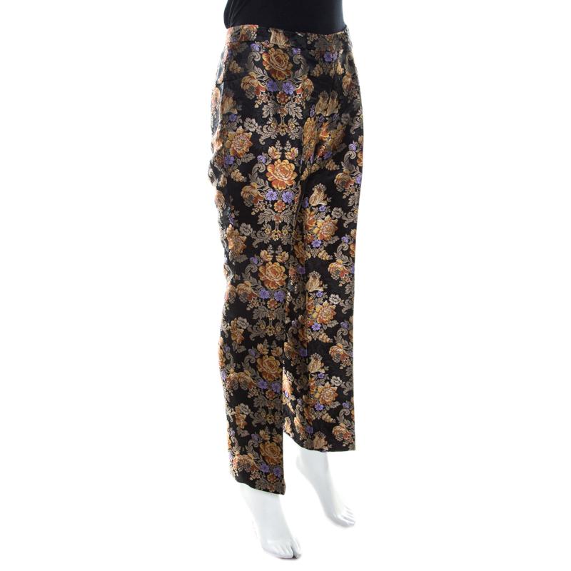 Dolce and Gabbana Black Floral Jacquard Sateen Straight Fit Trousers M In Excellent Condition In Dubai, Al Qouz 2
