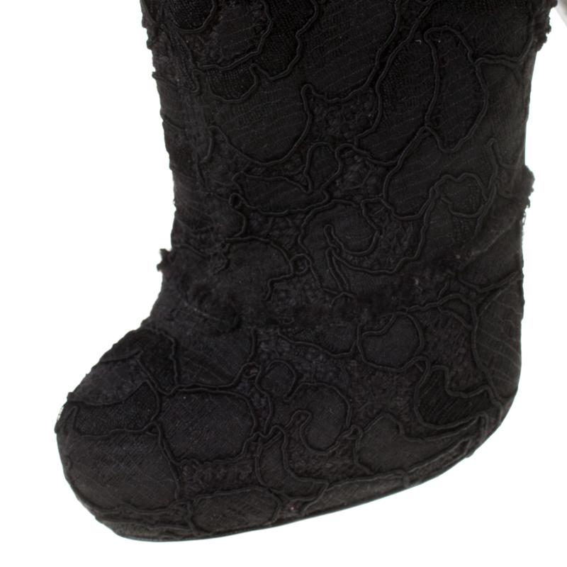 Women's Dolce and Gabbana Black Floral Lace And Tweed Platform Boots Size 37