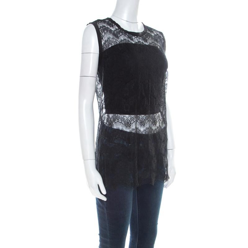 Dolce and Gabbana Black Floral Lace Sleeveless Mesh Top M In Good Condition In Dubai, Al Qouz 2