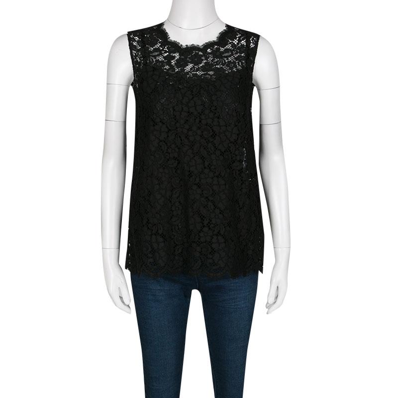 Dolce and Gabbana Black Floral Lace Sleeveless Top M In Excellent Condition In Dubai, Al Qouz 2