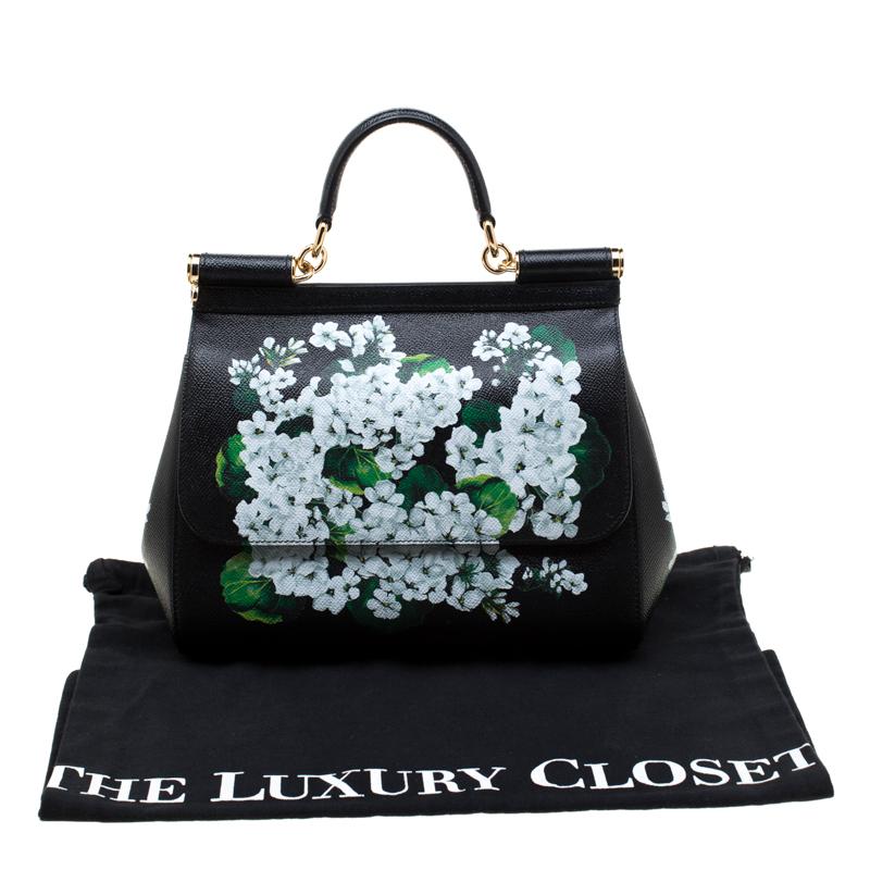 Dolce and Gabbana Black Floral Print Leather Medium Sicily Bag 8