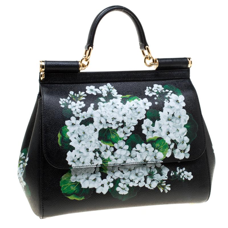 Women's Dolce and Gabbana Black Floral Print Leather Medium Sicily Bag