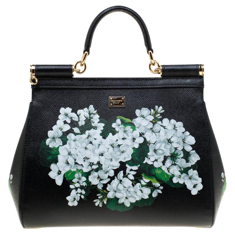 Dolce and Gabbana Black Floral Print Leather Medium Sicily Bag