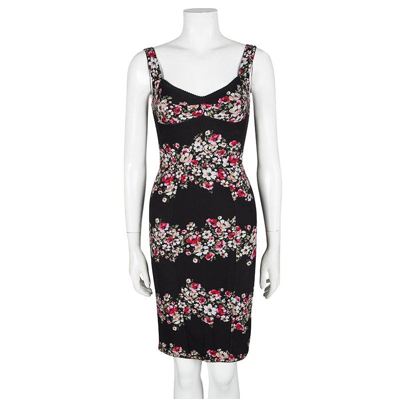 Dolce and Gabbana Black Floral Print Sleeveless Bodycon Dress XS In Good Condition In Dubai, Al Qouz 2