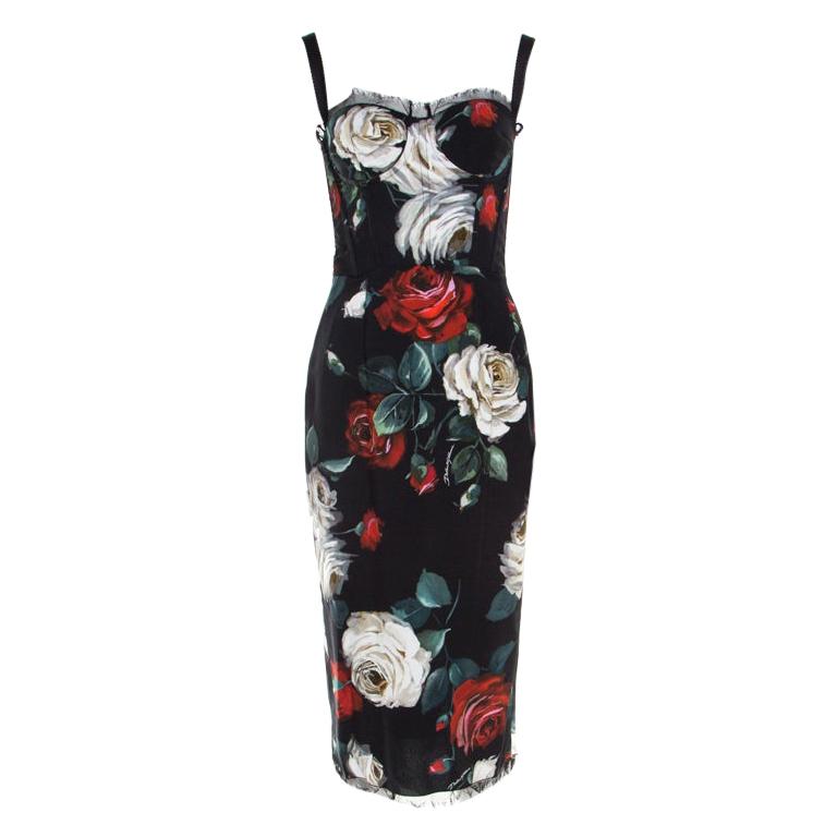 Dolce and Gabbana Black Floral Printed Bustier Midi Dress S