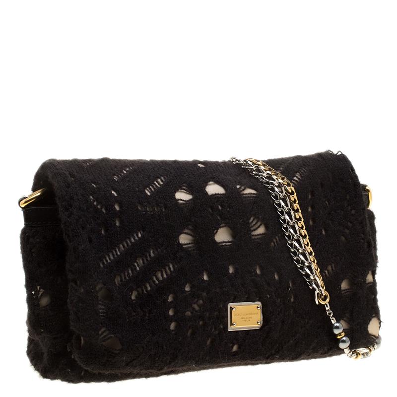 Dolce and Gabbana Black/Gold Crochet Wool and Satin Embellished Chain Shoulder B 7