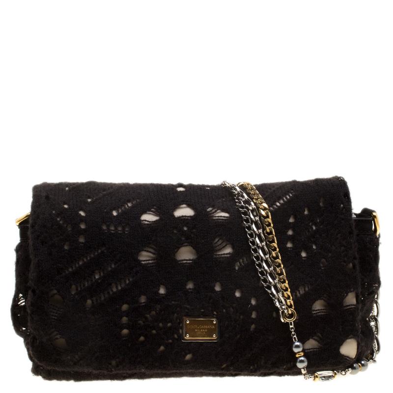 Dolce and Gabbana Black/Gold Crochet Wool and Satin Embellished Chain Shoulder B
