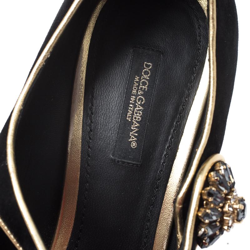Dolce and Gabbana Black/Gold Crystal Embellished Suede Mary Jane Pumps Size 39.5 1