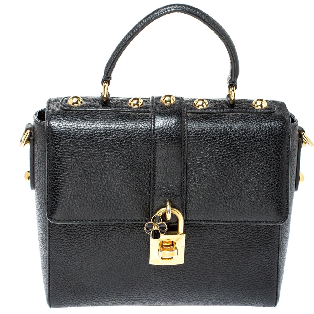 Dolce and Gabbana Black Grained Leather Padlock Flap Top Handle Bag