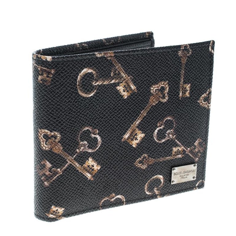 Dolce and Gabbana Black Key Print Leather Bifold Wallet For Sale at 1stDibs