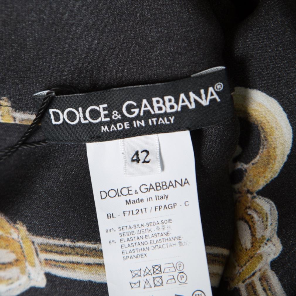 Dolce and Gabbana Black Key Printed Silk Cap Sleeve Blouse M 1